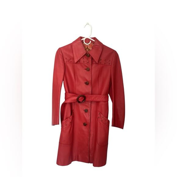VTG 70s LEDA SPAIN by GROPPER Red 100% Leather Trench Retro Jacket 12 - Picture 1 of 10